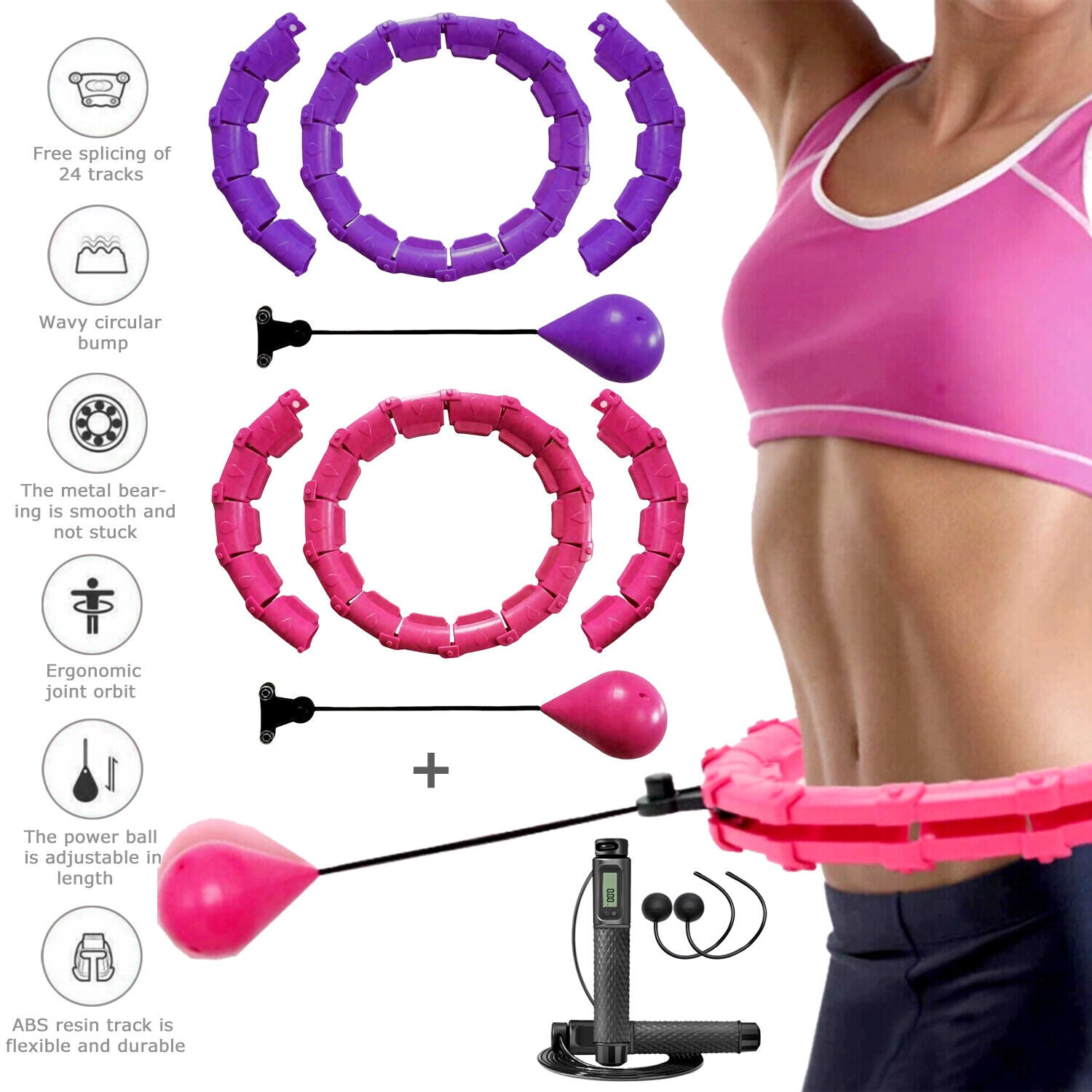 24 Knots Hula Hoop Detachable Massage Exerciser Fitness Fat Burning + Jump Rope